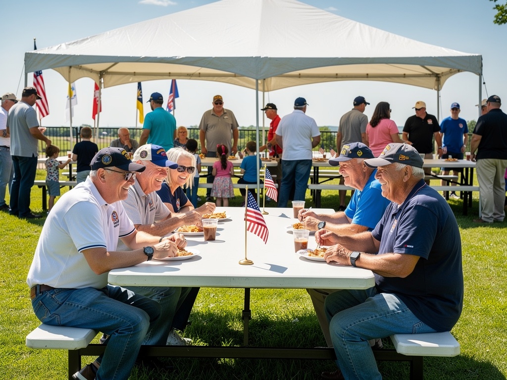 Veterans and families gathered at picnic tables under event tents at Central Park
