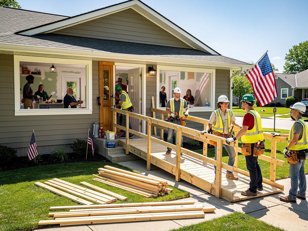 Volunteers constructing a wheelchair ramp at a veteran's home