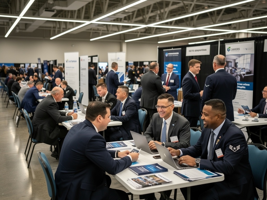 Veterans networking with employers at the 2026 Career Summit career fair floor