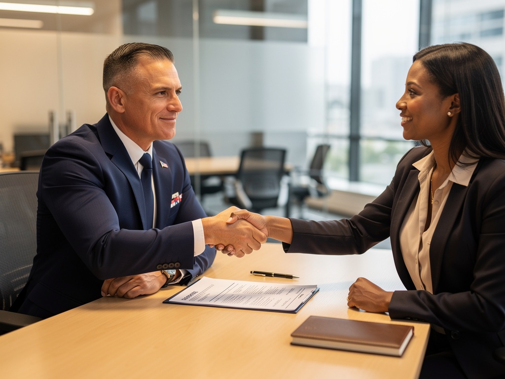 Veteran in professional attire interviewing with a corporate recruiter