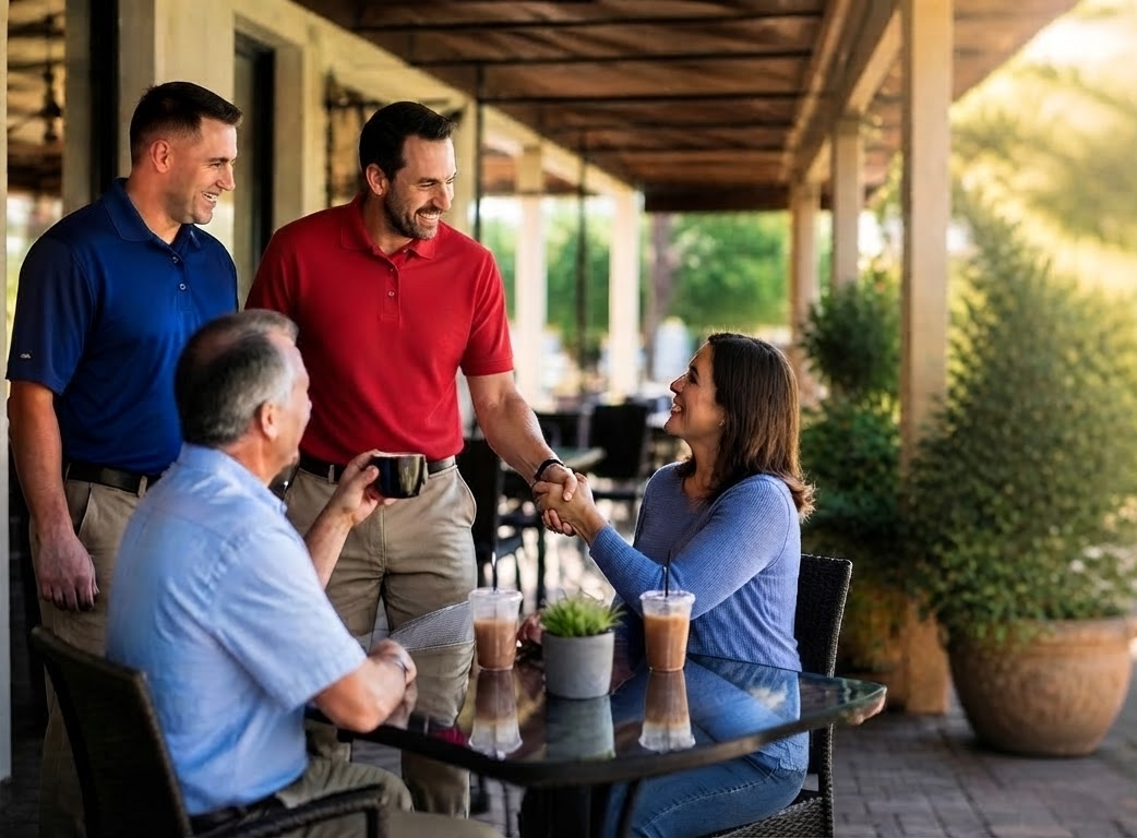 Patriot's Promise representatives meeting with supporters at a coffee table